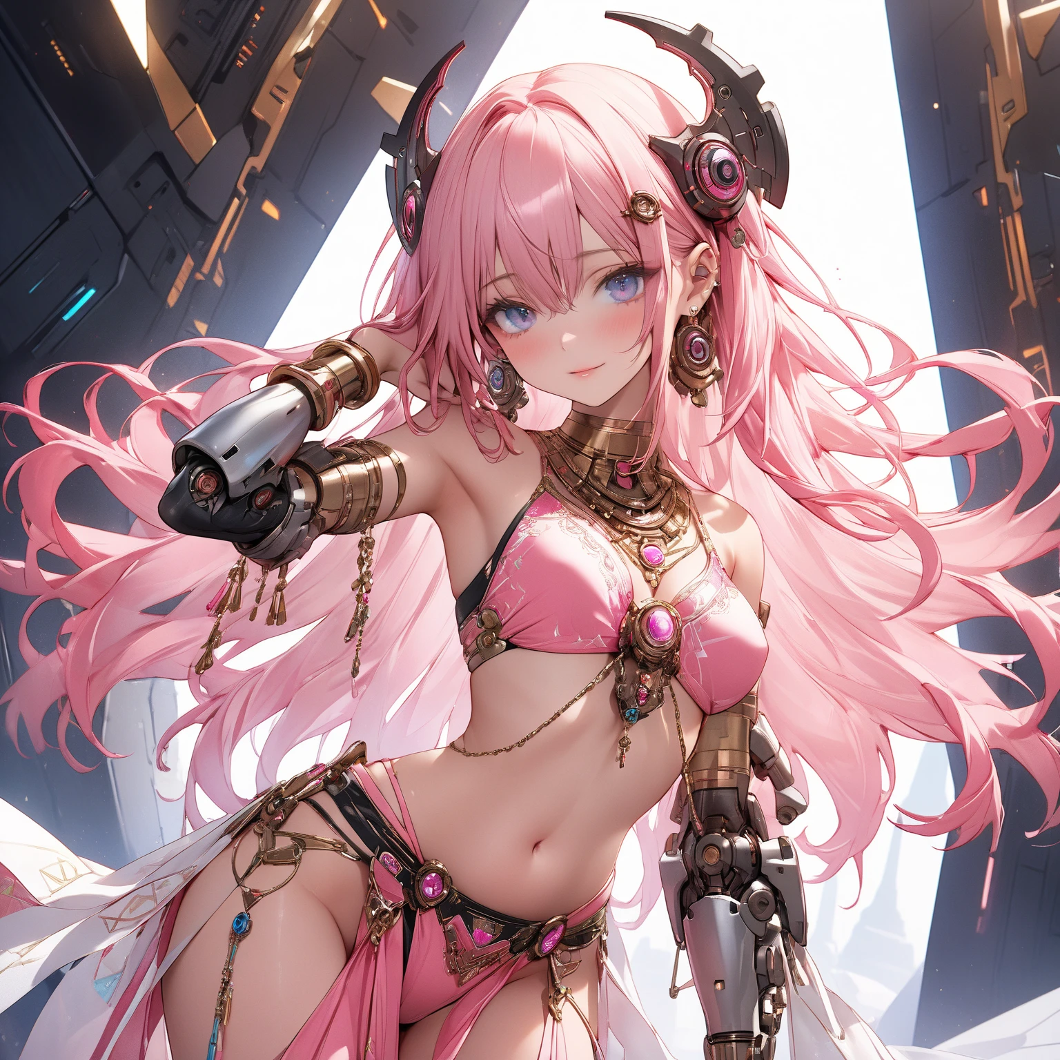 masterpiece, best quality, ultra-detailed,
1girl, pink hair, twintail, very long hair, green eyes, abs, (muscular girl:1.5), sport bra, jacket, black jacket, skindentation, seductive smile, sharp eyes, orokintech, smooth, gold, scifi, <lora:gekioko_v200:1>