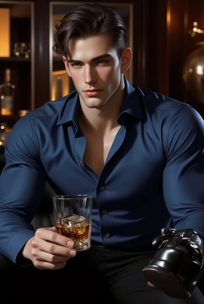 Close-up Quality (masterpiece1.2), (Best quality), (Intricate details)Male, 6'5, white, built, has big veiny hands. Tattoos that cover his neck, , arms, and back. has well-trimmed  hair, tan from the sun, groomed body hair on his arms, and  leading to a happy trail, Black hair that is short at the sides, longer at the top, Well-kept, Handsome, thin lips, sharp, defined, square jaw. Dimples, slightly crooked nose. Green eyes with hints of gold in the center. long eyelashes. Wearing blue jeans, black button up, dog tags, black leather riding boots