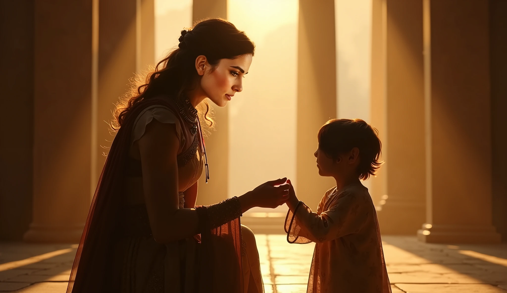Merneith Intimate cinematic shot, Merneith gently holding the hand of young ...