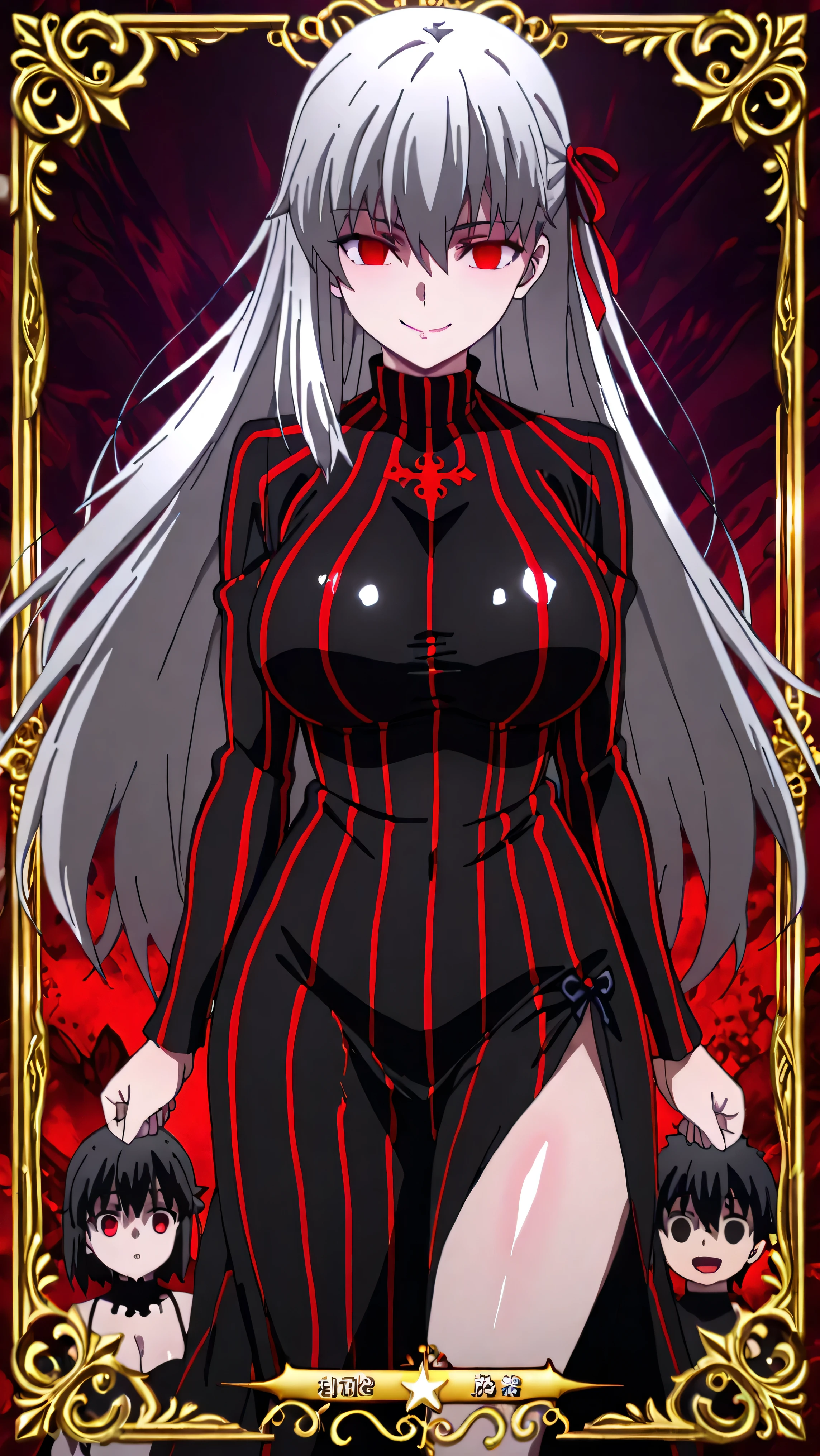 1girl, solo, ,evil darkness , Dark Persona , Corruption, striped dress, black dress, turtleneck, gray hair, Red Eyes, , ,ufotable style, YouTube Anime.big breasts、big butt、straight long hair,high resolution, masterpiece, Necessary, detail, best Quality, Quality, Necessary, details, High details, Front Map, , standing, evil expression, Proud Smile,with one hand on her lower back, のgirls, girls,(glossy skin:1.3),viewers holding their little son,Bang.hair ribbon,anime coloring book,
