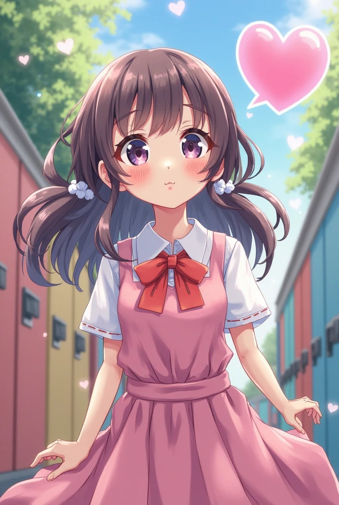 masterpiece, Highest quality, Nico_Yazawa,High resolution, 1 Girl, alone, Brown Hair, short hair, Twin tails、Purple eyes, Cowboy Shot, Frill dress, , Pink Dress, (Cleavage)、(Beautiful thighs)、city, Outdoor, garden, Carrying a red backpack, (randoseru backpack:1.2) Sweaty、Thick thighs、Highest quality、4K、One girl, 8-year-old, change, cute, Grin, 、、Striped 、In the city、Many passersby are surrounding the girl..、、Thick thighs、Confused face、A man holding his  and girls surrounding him、 from the 、、、（）With projectile、