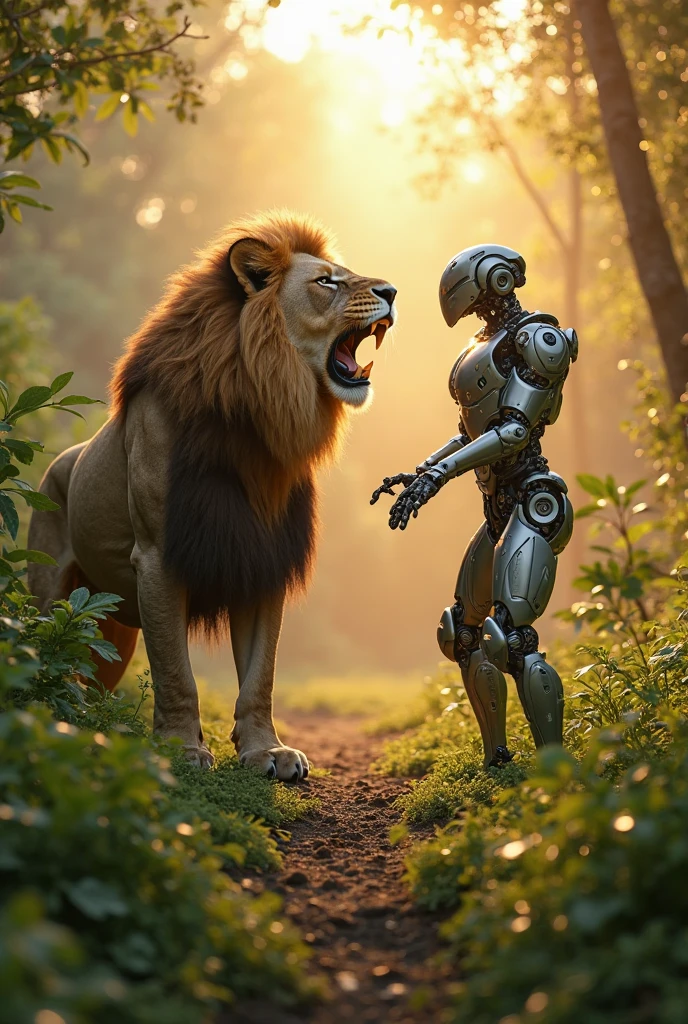 a humanoid transformer robot in cheetah mode, cheetah beast mode, talking to a startled woman, downtown new york, (best quality,4k,8k,highres,masterpiece:1.2),ultra-detailed,(realistic,photorealistic,photo-realistic:1.37),concept art,highly detailed, 8k, photorealistic, cinematic lighting, vibrant colors, dramatic pose, hyperrealistic, intricate details, cinematic composition