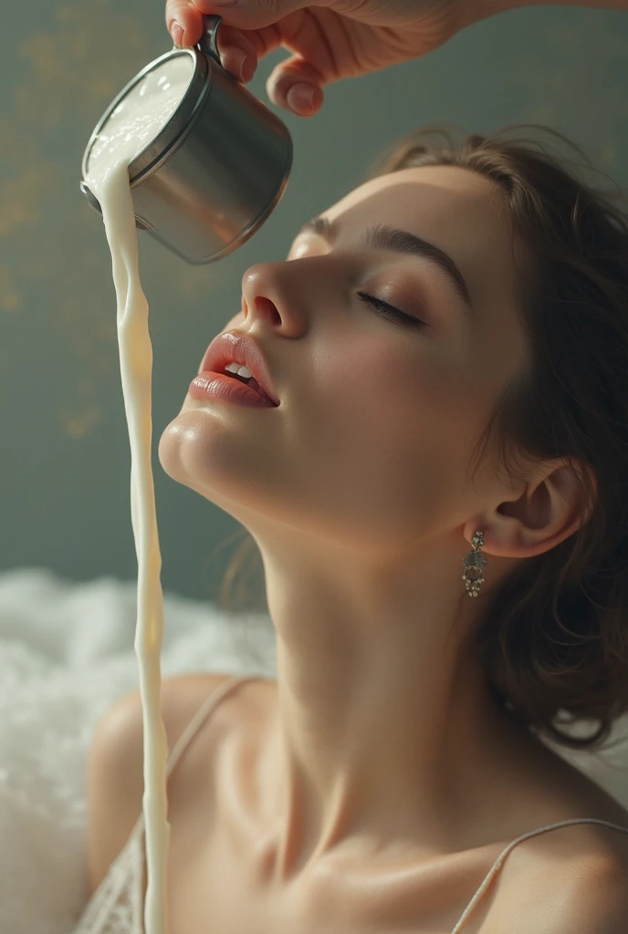 Hyper realistic large lactating breasts squirting milk with huge penis ejaculating in between breasts white woman blue eyes black hair black eyeliner mascara running squeezing milk from breasts