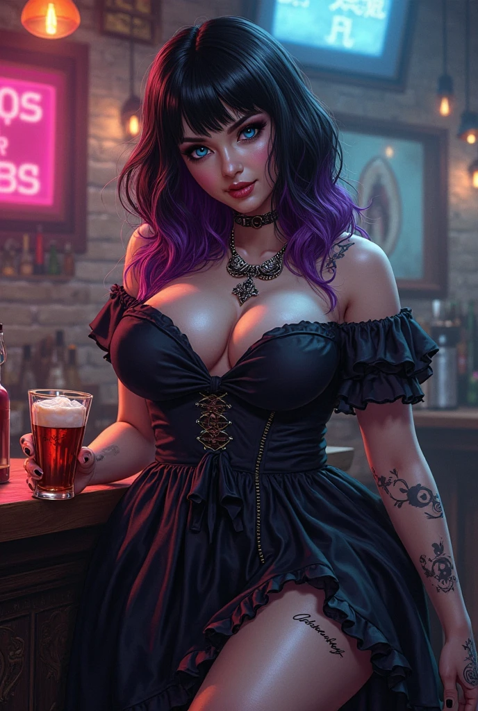 Mujer en el restaurante comiendo postre, imagen con grandes detalles, 4k, 8k, full hd, cabello largo multicolor, aros, collar diamantes, cuerpo tatuado, tatuajes, pecho tatuado, ojos azules, senos grandes, tetona,