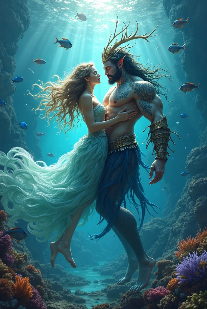 Shirtless Triton with a glowing trident in his hand killing a mermaid