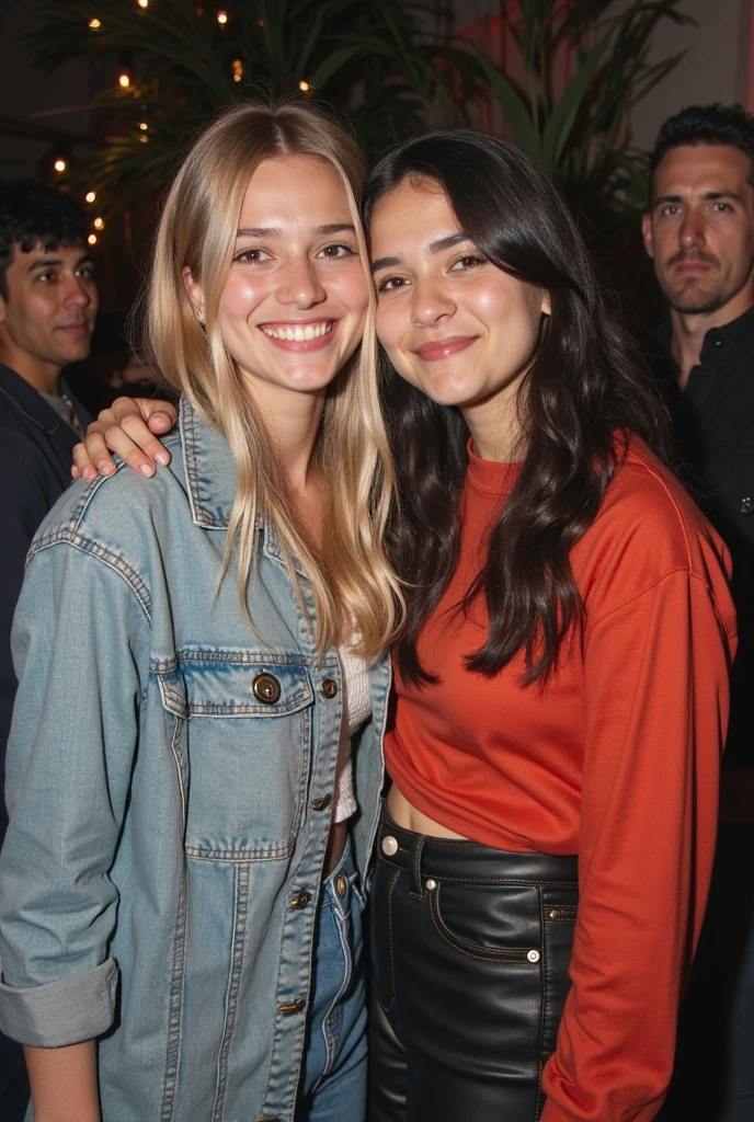 Shakira is beautiful, has a cheerful smile, wears a sparkling strapless shirt, a loose leather jacket, a short butt-hugging skirt, and poses beautifully in a cafe.