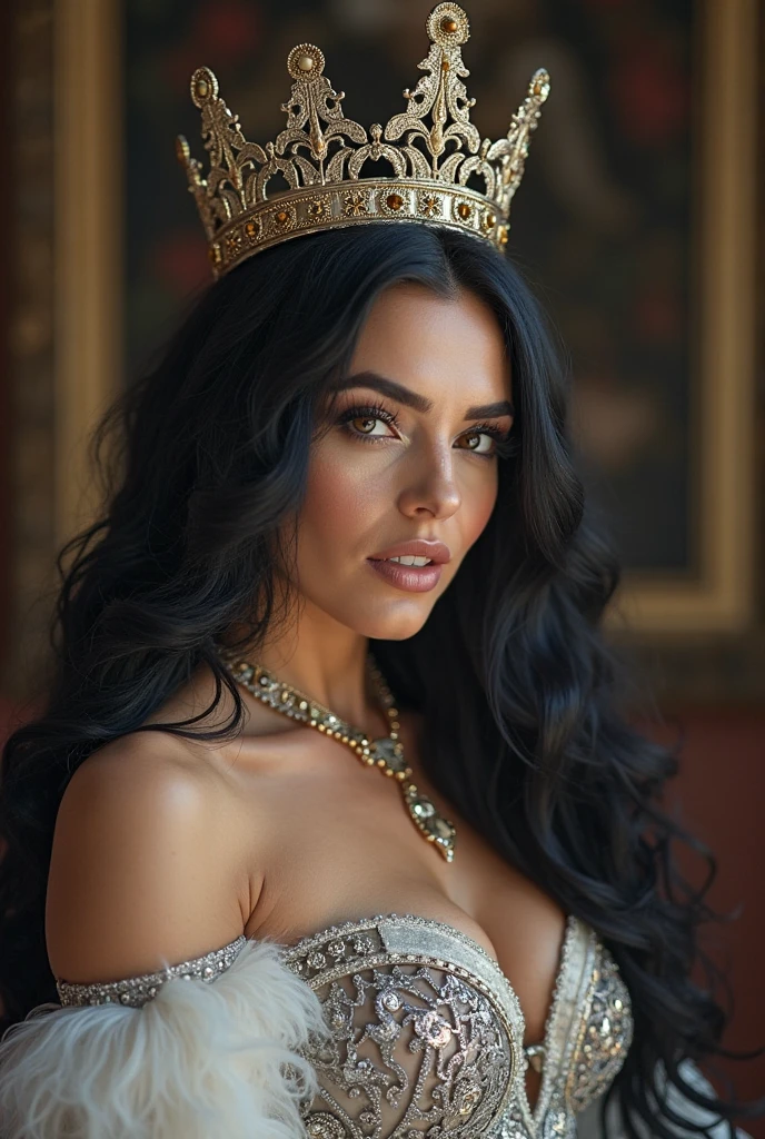 woman, long straight black hair, medium bust, silver crown, shiny smooth gold dress, sitting on a large queen chair, legs crossed, looking at the camera, photorealistic