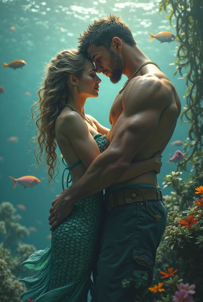 Masterpiece, Need for Good, 1 Man, Adult, Mature Woman, Tall Muscle Man, Dark Theme, Magic Array, Bubbles, Rainbow Sunlight, Underwater, Mirror, Floating Glass Sheets, Rainbow Light, Bubble Swirl, Wind Vortex, Aurora, Fantasy Landscape, Starlight Around the Character, (Upper Body), Naked on Upper Body, with a unicorn tattoo