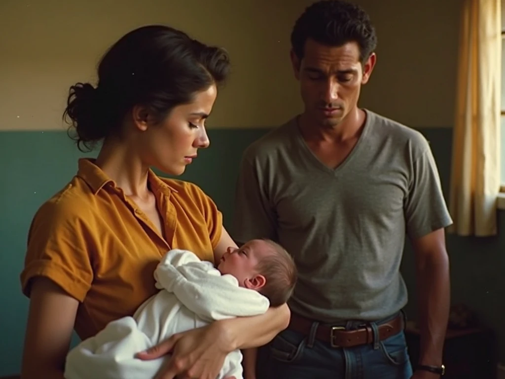 The man in his 45s with black very short hair and smooth face with moustache. The woman in her 45s with brown wavy long hair. The woman is breastfeeding her baby boy. The man is watching them. Night. Dim and dark environment. UHD. HDR. Cinematic.