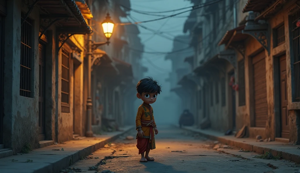 Indian village A small boy running with traditional oil lamp in dark night