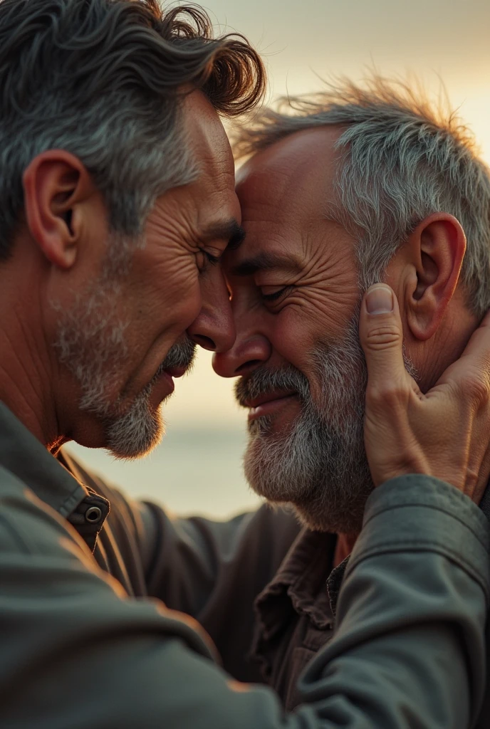 Adult fathers kiss adult sons