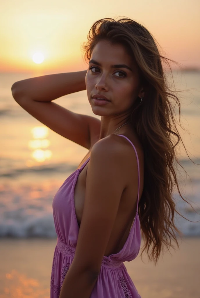 A stunning portrait of a beautiful woman, capturing every detail in high-resolution and ultra-detailed realistic style. Her lifelike colors radiate a vibrant palette, reflecting the warm hues of a glowing sunset over a tranquil beach scene. The photorealistic image showcases the intricacies of her features, bringing out the true textures of her skin under the HDRI lighting. The professional composition utilizes both sharp focus and bokeh, perfectly balancing the depth of the scene and highlighting the physical beauty of the subject. Set against the backdrop of crashing waves and lush palm trees, this image is a true masterpiece of physically-based rendering, beautifully