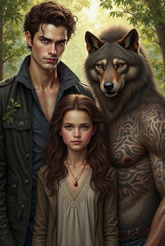A woman with long strawberry blonde hair, amber eyes, pretty in a white dress and next to her a tanned man with short wavy black hair, bright green eyes and a defined body, alpha male and a little boy in chubby boy&#39;s clothes, the couple&#39;s son in the middle of a forest at dark night with moonlight and wolves and another  next to her mother with wavy black hair wearing a little dress. Family (真实感) and another  who looks  wearing boy clothes boy cute boy 