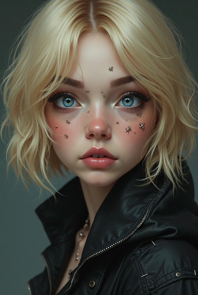 Create a seventeen year old, blond, light purple eyes, with shadow outlined over the eyes, blonde eyebrow scratched, Wavy hair
