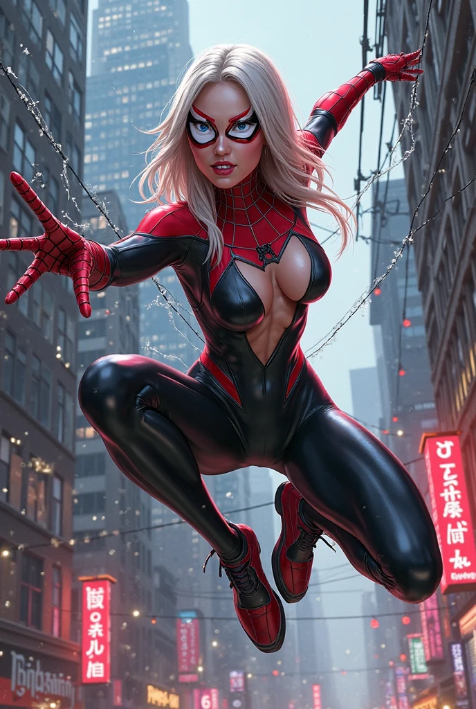 Hayden Panettiere、マーベル・コミック映画のposter, very beautiful, movies about spiderman, sexy, whole body, I'm wearing a skirt、premiere date, poster、belly buttonを突き出す、new york、she's wearing a torn spiderman suit,the suit is torn、wearing a skirt、 red and black color scheme,dynamic、masterpiece、highest quality、super detailed、very detailed、Detailed beautiful shine、超A high resolution、cinematic,tear,teardrop,(torn clothes:1.5), (wet clothes:1.4), bare shoulders,real rain,wet hair,belly button、exposing skin、sexyな肩を見せてる