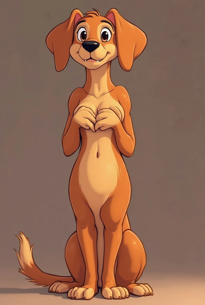 (isabelle \(animal crossing\):1.05), (masterpiece, best quality:1.1), 1girl, solo, nude, (pussy:1.1), nipples, small breasts, leaning back, adjusting clothes, large breasts, (simple background:1.05)