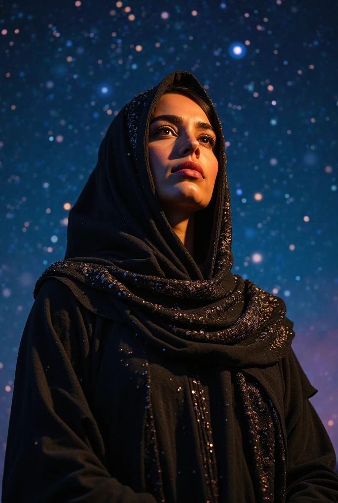 A highly detailed, ultra-realistic 9th-century landscape with a dark, starry night sky. A glowing figure of Fatima, wearing traditional Muslim attire with a hijab, stands out against the darkness. The scene should have a cinematic, mystical atmosphere, with the stars reflecting her radiance.