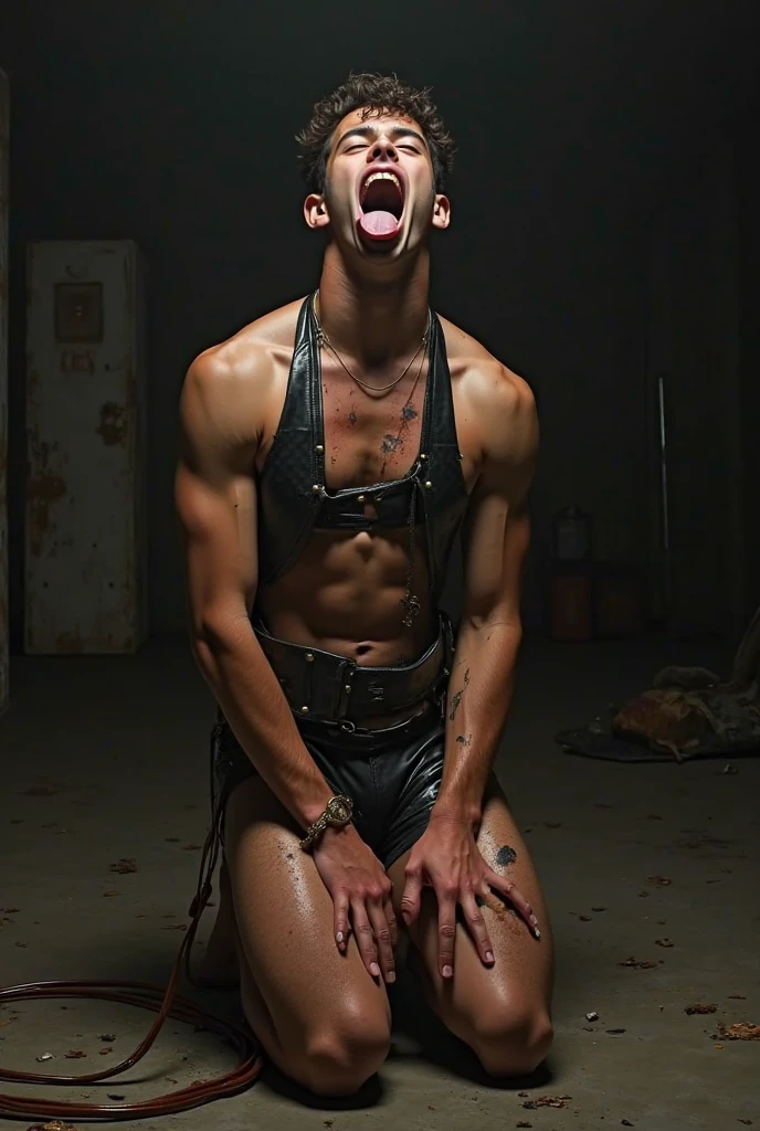 HD quality, high definition, male 18 years old handsome, muscular and slim, red lips, captured and body is tied on a wall, both hands are handcapped and tied up sideways, ((exposed Vagina)), model with bracelets, small earrings and choker Necklace, and sexy nude , ((male only)), wet hair , wet body and face, very handsome, looking upward, very wet, in an abandoned small dungeon , (exposed vagina), angry eyebrowse, ((open mouth)), tied with chains and handcuffed. Male, boy, men, open legs, ((teared clothes)). very wet body and very wet hair. Side view, his feet are also tied on a floor with chains. His clothes and underwear are on the floor