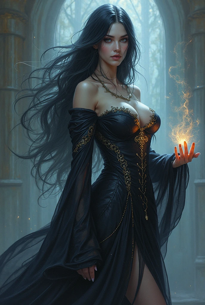 Create an image of a woman in the cemetery and tombs appear.
It has the following characteristics:
Western woman, expressive and striking face, with defined features and intense gaze.
Light brown skin, long, black and wavy hair, with a slight shine, loose or partially tied up with ornaments.
Penetrating brown eyes, with an expression of mystery.
Full, red lips, conveying sensuality and confidence. Wear a long, voluminous period dress, black, with red and gold details.
Bodices and necklines that highlight femininity, but with a touch of class. In her hand a dagger. Accessories such as gold necklaces, large earrings, bracelets and rings with precious stones. The setting is a cemetery and has the presence of mystical elements such as lit candles and skulls on the floor, and red roses scattered across the floor.
An altar in the background, bottles of wine or liquor, and items such as skulls.
Night atmosphere with soft full moon light, creating an aura of mystery and spirituality.Soft smoke all around,
Soft glow surrounds this woman, highlighting her spiritual and powerful presence.
witchcraft scenario and mysticism.
it is a divinity.