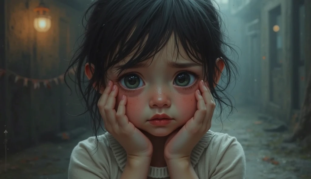A 4 year old girl who has covered her face with her hands and there are blood stains on her clothes