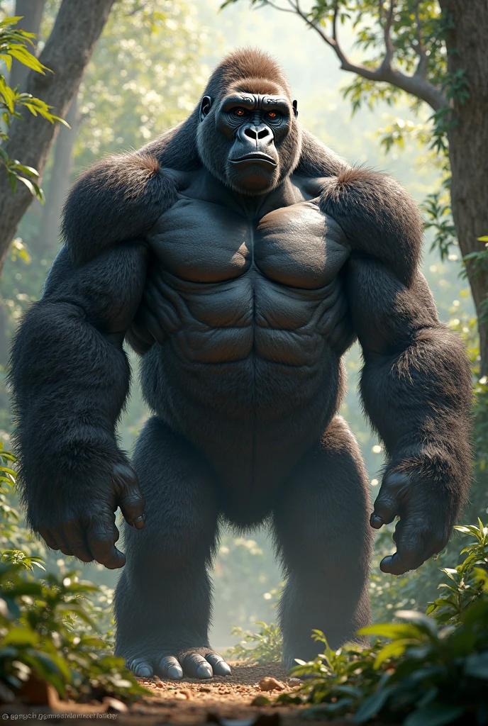 fking_scifi_v2, epic, (full body:1.1), ultra-high resolution photograph, Realism, (muscular:3.0), Gorilla, hairless, standing tall in the forest, (massive pectoral muscles:1.1), (massive well-defined biceps:1.1), (well defined six pack abs:1.1), wide shoulders, well-developed deltoids, hyperrealistic, by David Mann, by Mark Brooks, by (WLOP:1.1): Bokeh: DSLR, F/64: Warm Color Palette: Full-HD: Natural Lighting: