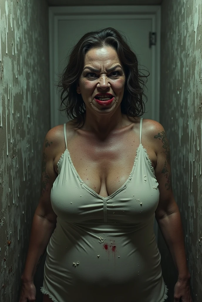 masterpiece, best quality, detailed face, Halloween white tshirt in a garage, leaning on a workbench, solo, a woman, beautyfull woman, red lips, pretty face, big , 13 years old, round breasts, look sexy, (((serious face))), (look intense), (open mouth), (((slim body))),