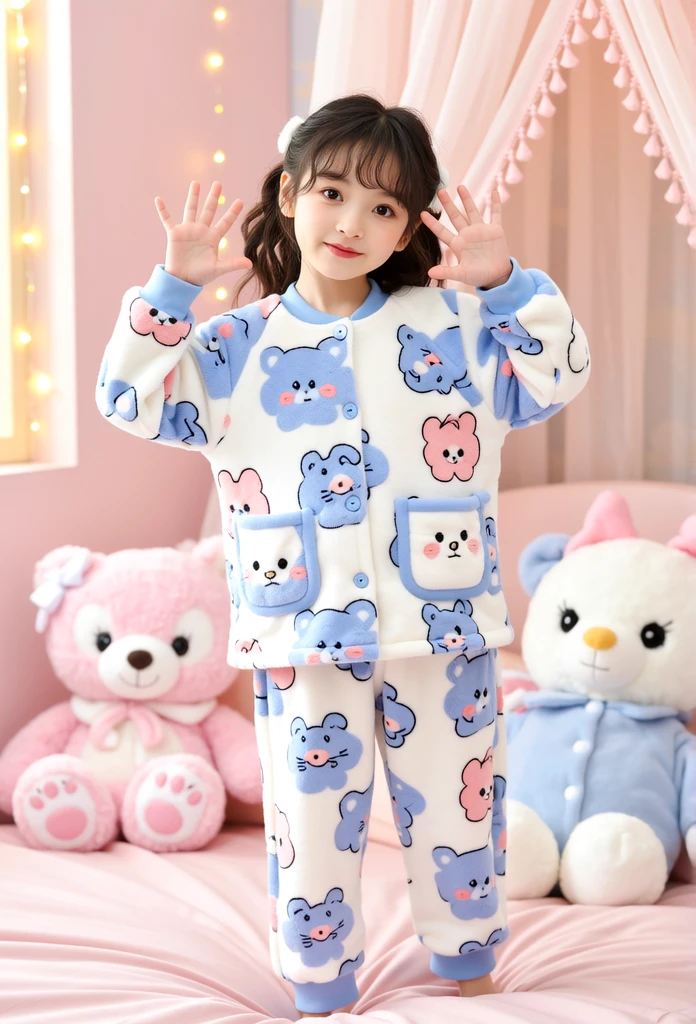 (photorealism) a girl wearing pajamas characters print (full body)