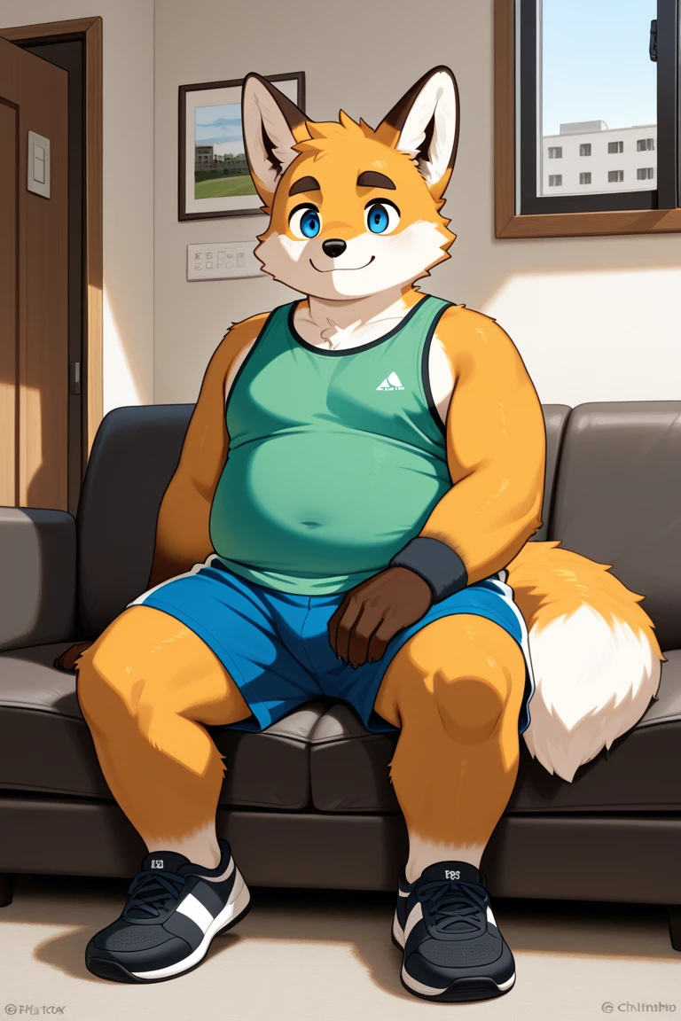 A male chubby anthropomorphic fox with a big belly and a beard , wearing a polo shirt and tight jeans, sitting on a couch