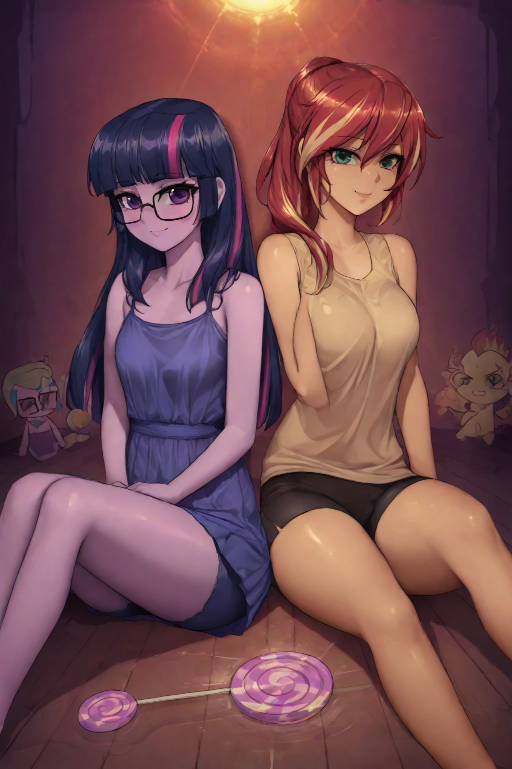 ((High Quality)) ((Perfect Autonomy)) Masterpiece, Twilight Sparkle and Apple Bloom, two girls, Twilight Sparkle, wearing black glasses and has a ponytail, two girls, naked big breasts, thick body's, Twilight Sparkle and Apple Bloom Equestria girls, two girls, pussy smothering, a whole lot of pussy juice, Twilight Sparkle and Apple Bloom, cuerpo completo, high resolusion