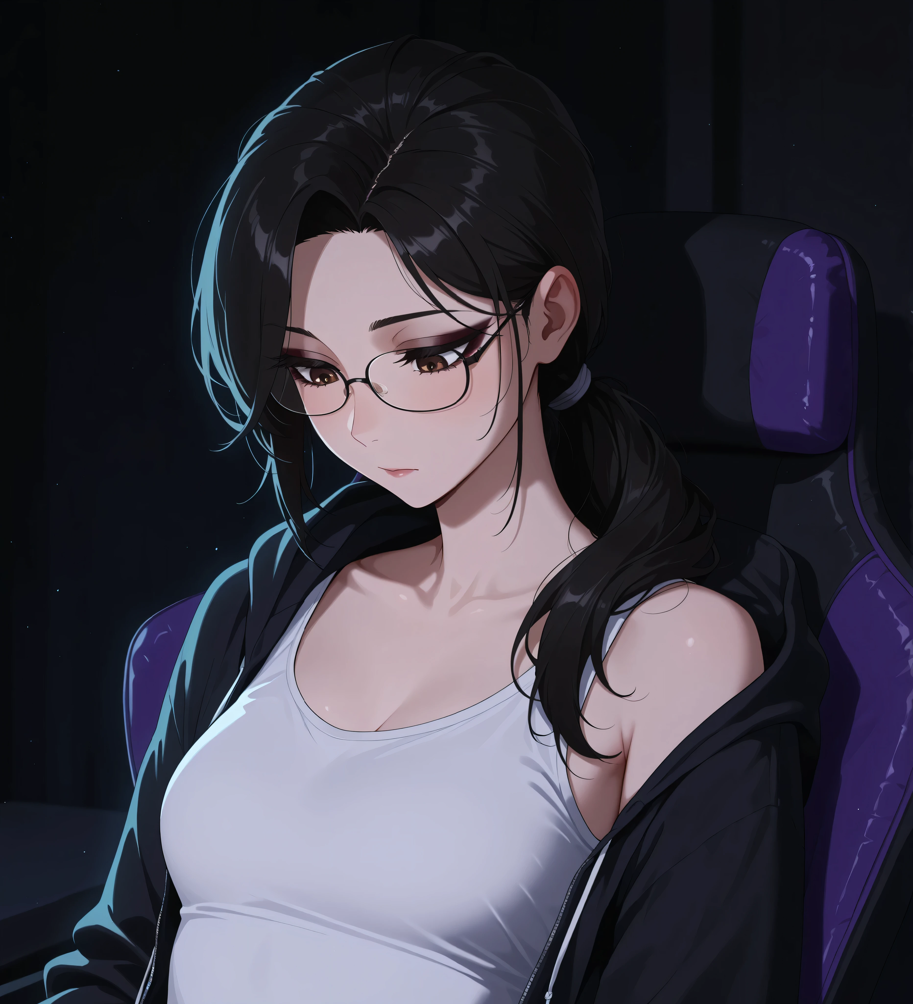 Masterpiece, best quality, solo, woman, center frame, mature, tall, upper body, elegant, slim, frowning, beautiful, exotic, (black hair), long hair, ponytail, brown eyes, (dark_eyeliner), long_eyelashes, looking down, , wearing glasses, wearing white tank top, black hoodie, sitting in purple gamer chair, dark room,