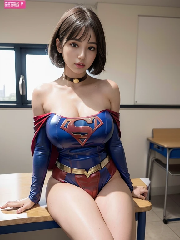 masterpiece、Rubber Supergirl Costume、Short Hair、On a desk in the classroom、Crisis situation、Big and ample breasts、looking at the camera、Shiny、Off the shoulder、choker、Long sleeve、exy poses to seduce、Sweaty skin、Model body type、Alluring、charm、Enchanting、Abused、test subject、victim、Wild、Photorealistic、latex、Expose your belly、athlete、High leg leotard、Photo magazine cover、Cape、Glamorous cleavage、barefoot、wallpaper for pc、