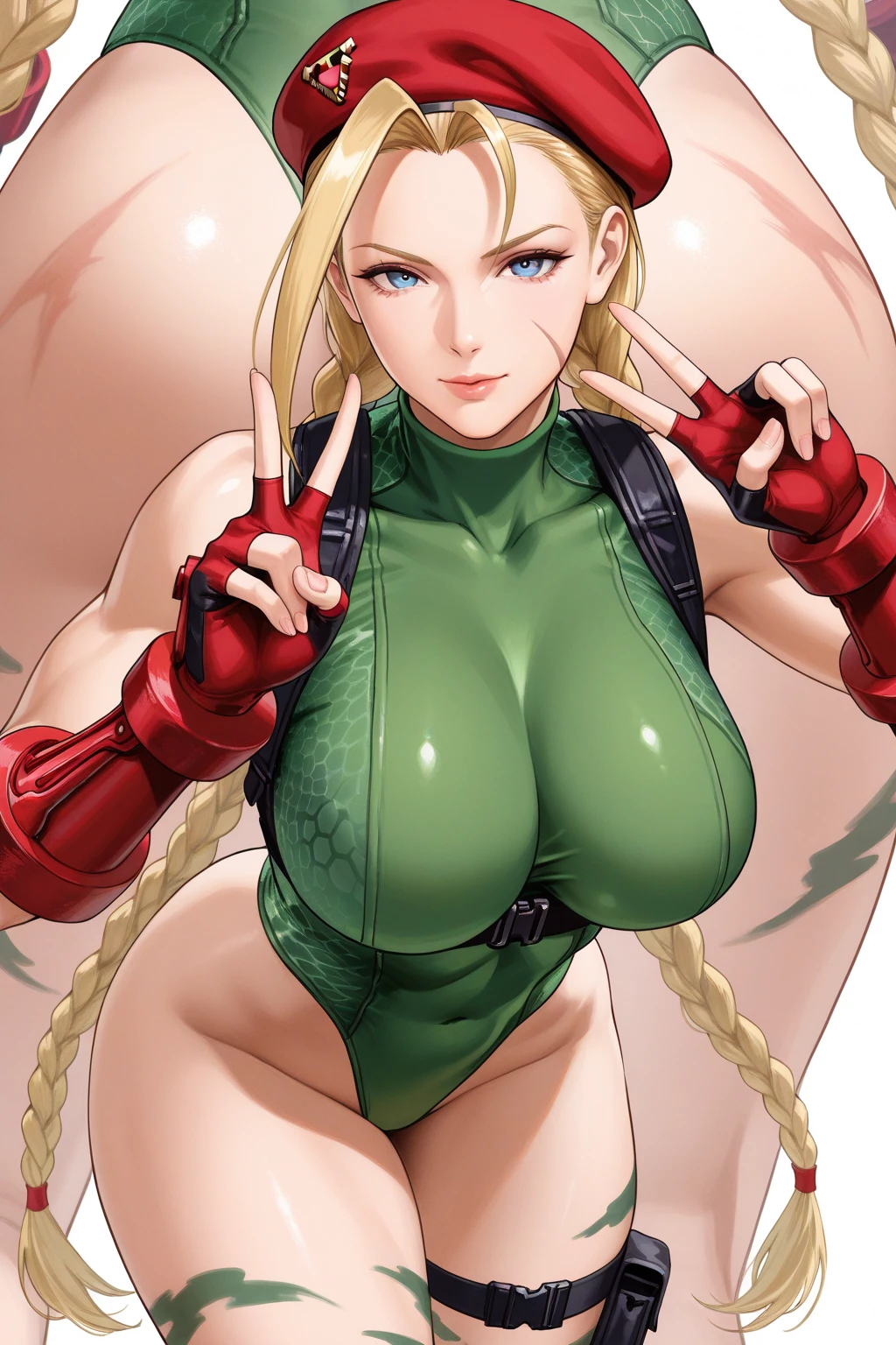 Super detailed、Highest quality、Best image quality、masterpiece、8k、(SF5Cammy)、Cowboy Shot、(shoulder-length blonde braids)、(Open Mouth) 、(tareme)、(tareme)、(big eyes)、(Beautiful bright blue eyes)、(High Detail Anime Eyes)、(puffy eyes)、(Big Tits:1.5)、((SFW Huge Body))、(Green high leg leotard:1.5、Gloves、Harness、boots)、(Fighting Pose:1.5)、hat