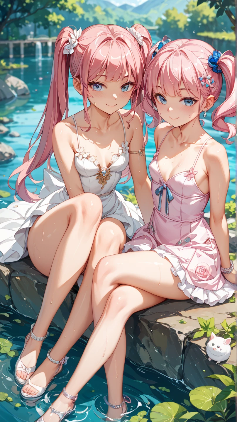 Best Quality, top-quality、(cute petit girl:1.3),Beautiful pink eyes、flat chest、Lori、(Cuteness beyond limits)、Shining thighs、((Cute smile))、tied up with a collar、Cute pink bra、Show your belly button、Cute pink panties