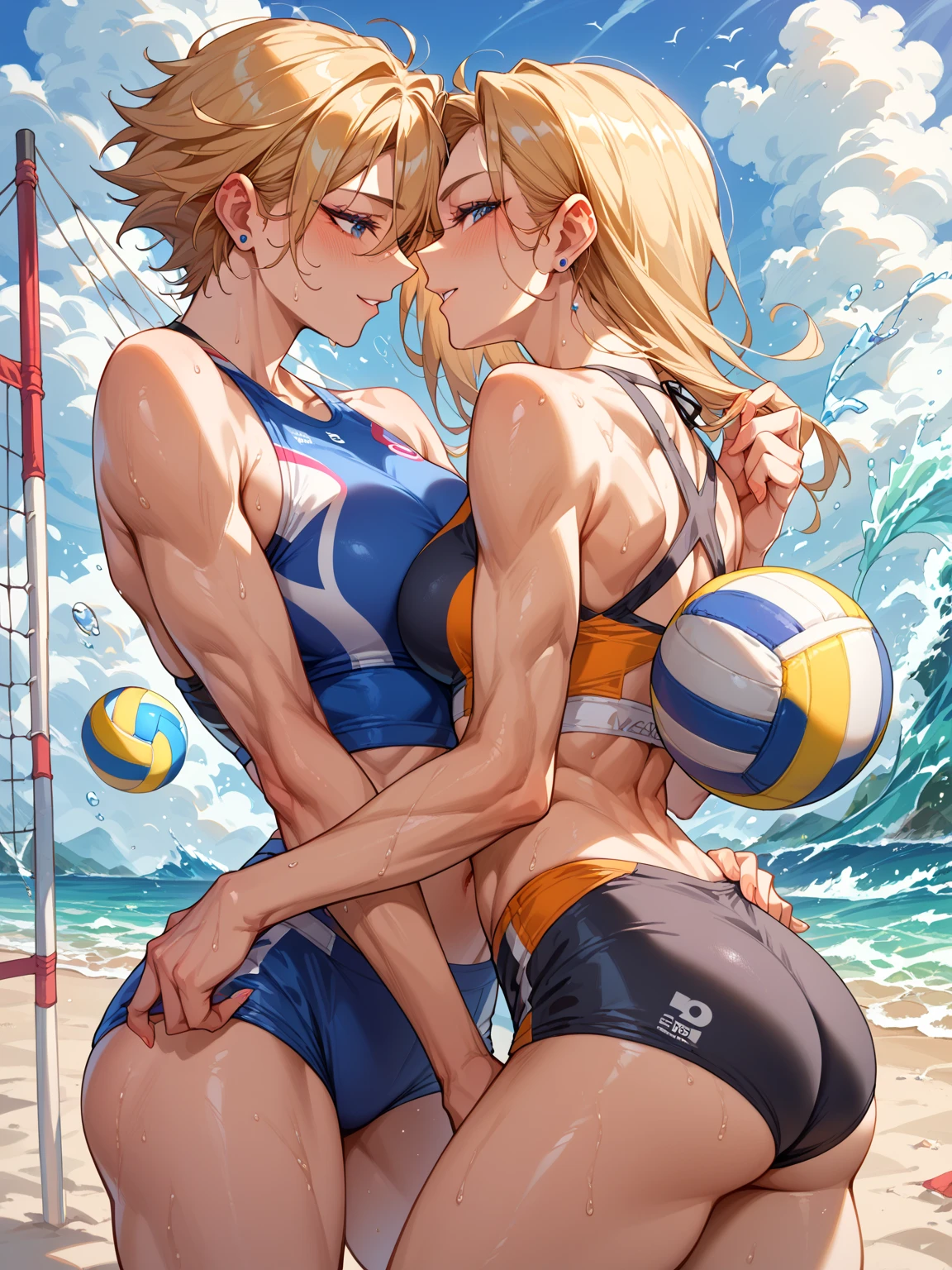 アニメ cel-shading Goddess, muscle, on the beach in ((anime + manga + comics + cartoon) style)