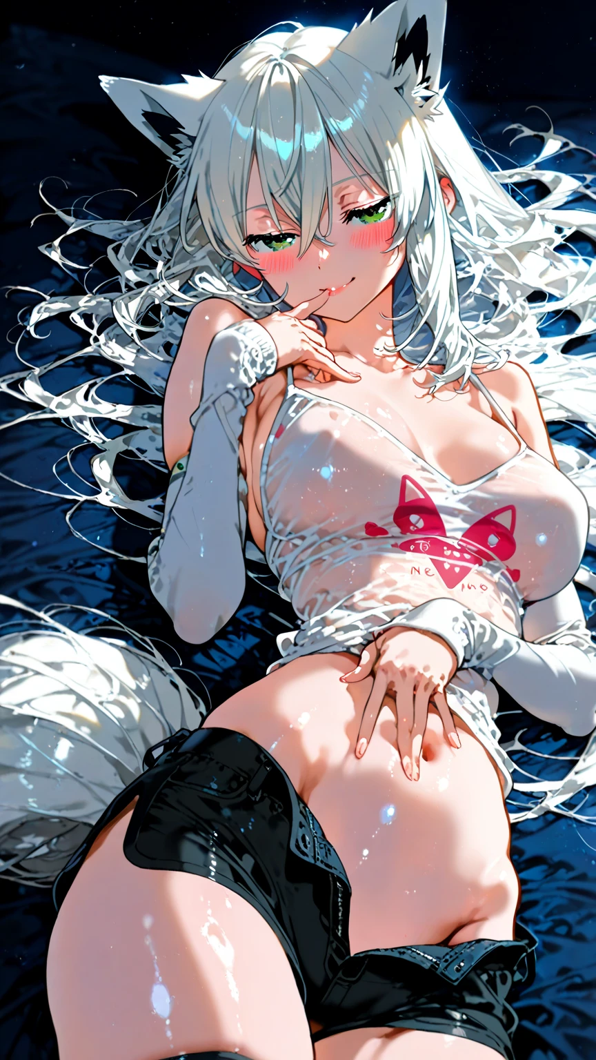 masterpiece, beautiful art, high resolution, best quality, 1 woman, solo, Black Hanekawa, long white hair, black bra, black panties, cat ears, cat tail, alluring body, ryona, in peril, knocked out, unconscious, laying down on the floor, closed eyes, torn clothes, sexy defeated pose, full exposed body, jiggling breasts