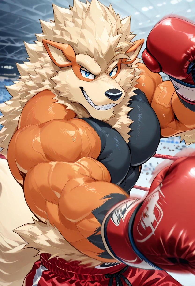 solo, 1boy, Huge Muscular Old Grizzly Bear wearing kickboxing MMA belt , thick pectoral, thick arms, huge pectoral, wide pectoral, hige brown fur, short white hair, Kickboxing MMA shorts, kickboxing MMA gloves, Kickboxing MMA Footwear 5 toes and shirtless, bearded, Kickboxing Martial Arts Cage Tournament background, masterpiece, semirealistic:1.2, high detailed, 8k, high resolution, flexes his bicep