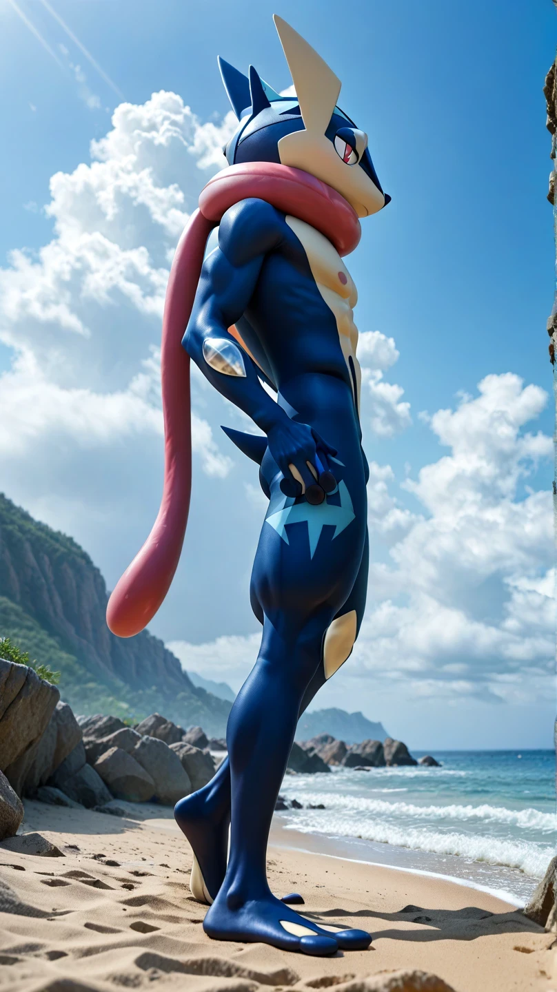 ( masterpiece, best quality:1.2),Alone, greninja macho \(Pokémon\),Pokémon \(creature\), full body bikini, there are no humans, arms extended , blue skin , tight pants looking at the viewer ,blue sky, posture: Standing on two legs , piernas abiertas , husky, husky, salivating, seductive look , marked muscles, from below, on the beach, blue sky, white clouds, Blue Sea, greninja , salivating, Looking relaxed, sacando la lengua larga de greninja , left side profile,slender legs, open eyes, vista from below, looking down, perspectiva from below, in front of the spectator