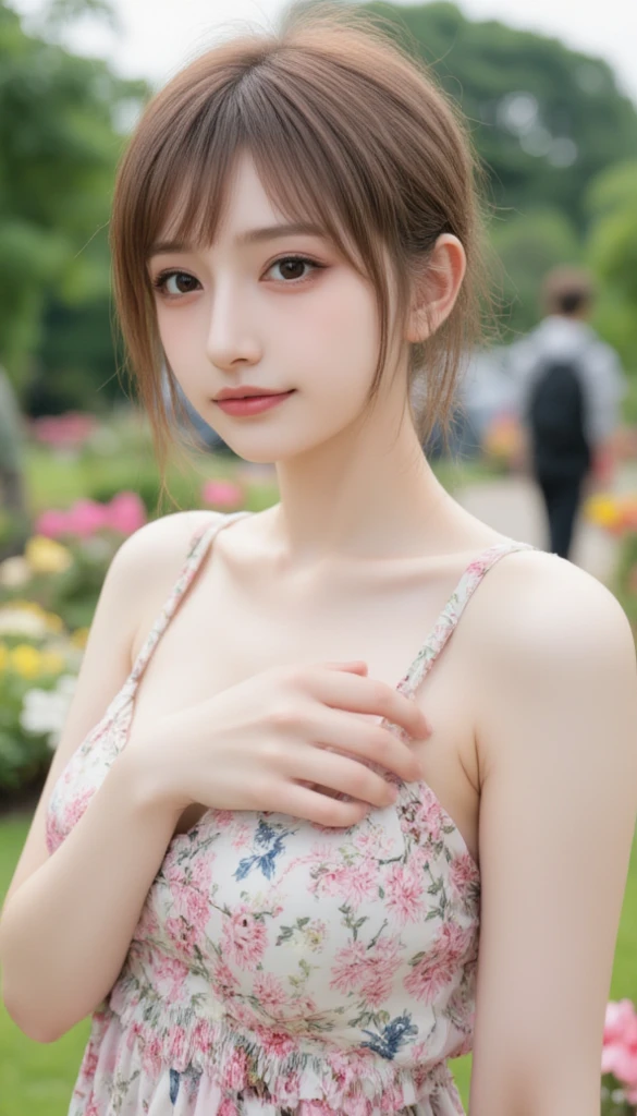 Ultra-realistic 8K CG,tmasterpiece,((Ultra detailed backgrounds,delicate patterns,intricate-detail)),best qualtiy,Full body photo,very vey very detailed face,extremely detailed eye and face,Very detailed eyes,kochou shinobu,O cabelo multicolorido,No bangs,Hair intake,Purple Eye,haori,butterflys,Strip strip,(Torpical Garden:1.2),purple flower,Mostly cloudy sky,rays of sunshine,Tindall Effect,gradient_skyporn,faces,Beautiful sky,Saber on the waist,enchanting posture,(Large breasts:1.3),(cleavage:1.3),(Off-the-shoulder clothing:1.6)