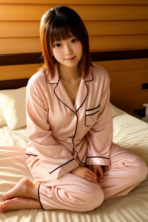 A cute college girl in pajamas is in an old Japanese-style bedroom。