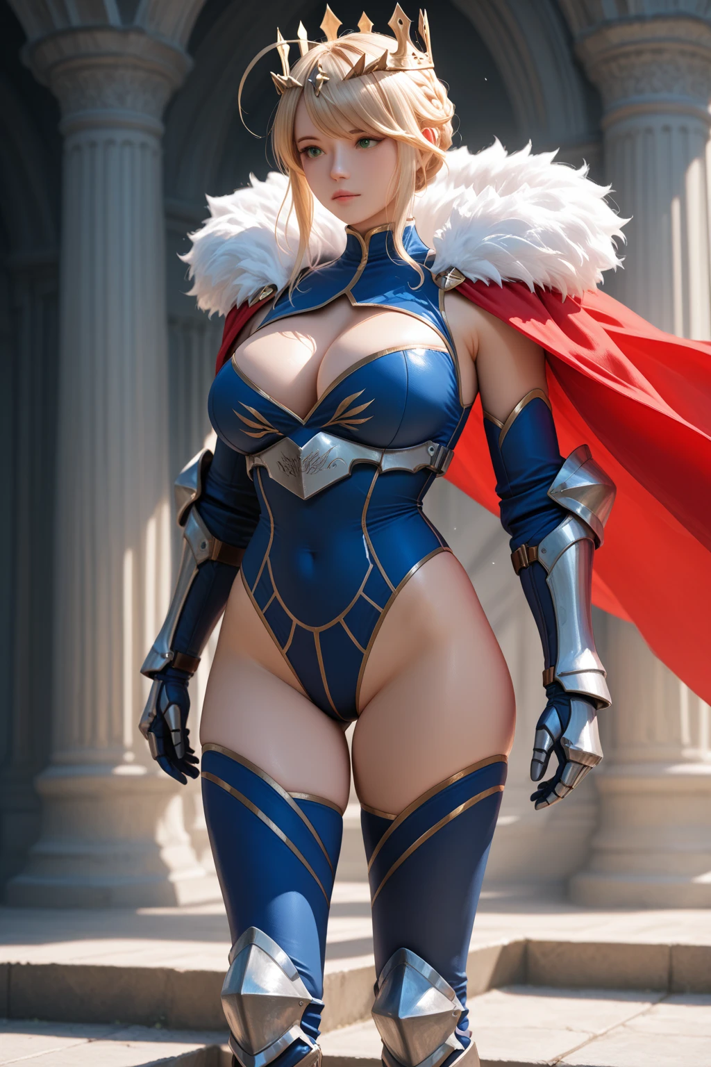 masterpiece, best quality, absurdres, <lora:henriette-fe-richy-v1:1> henriette, looking at viewer, smile, closed mouth, cape, fur trim, hand on own chest, blue gloves, fur cape