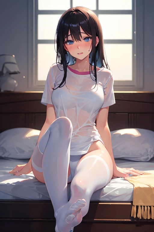 Climax expression、Looks like she's about to cum、Leaning backwards、8K, top quality, masterpiece, ultra-definition, one eye covered, red hair, short hair, earrings, necklace, small breasts, full nudity, whole body, on the bed, spreading butt hole with hand, anal touching, blushing, Spread legs, nakedness, pussy juice, climax expression, handcuffs,