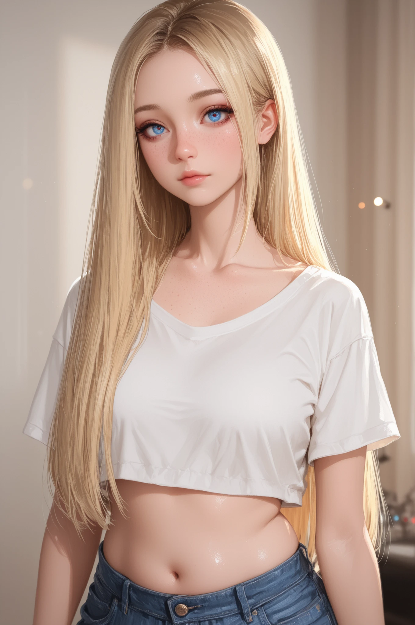 ((((best quality, 8k)))), (((blonde, small flat breasts))), ((beautiful woman, get dressed)), long wavy hair, bedroom