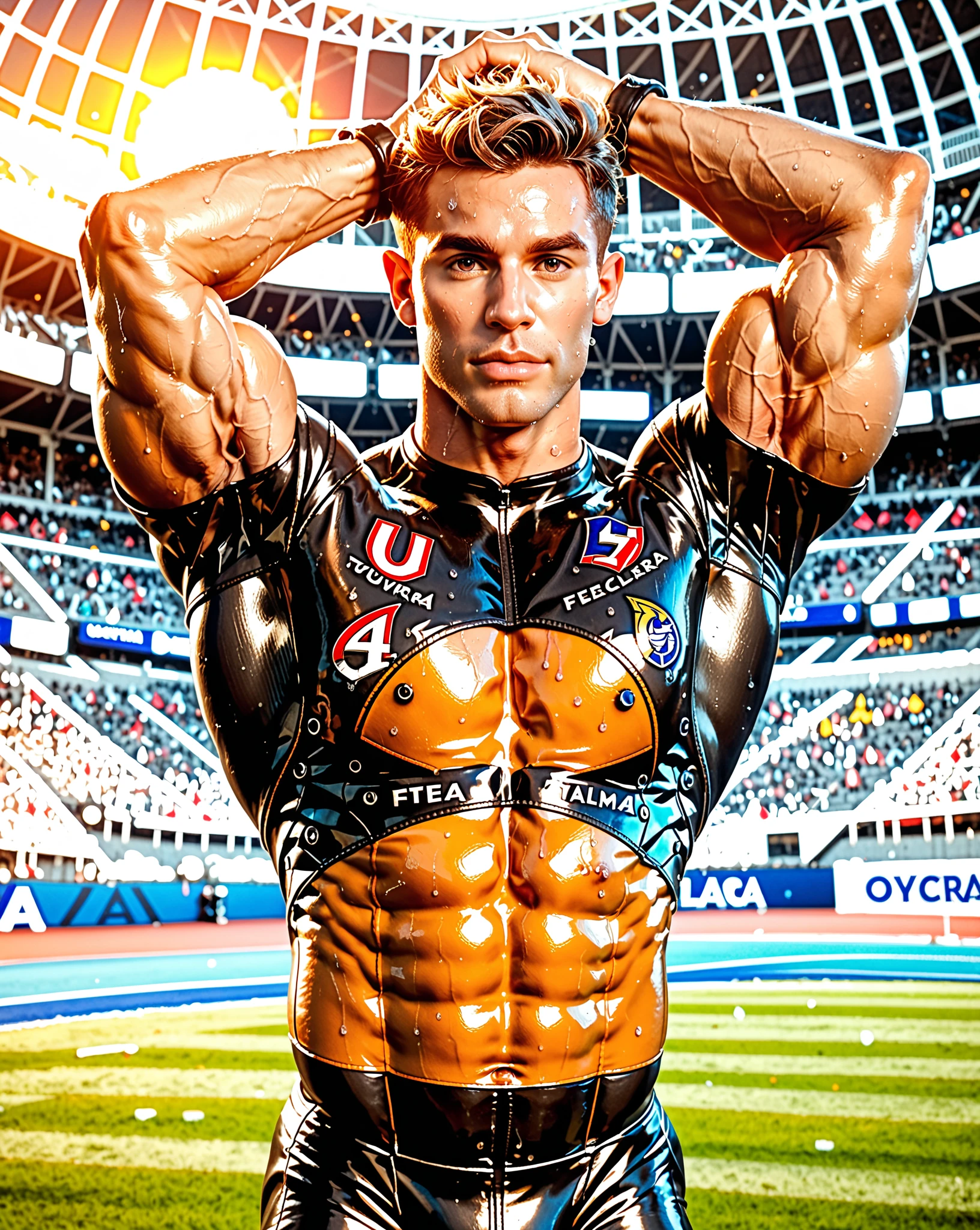 (A muscular man:vivid colors,:1.1,Kirbywood style,vintage color comics,showcasing:1.1,sharp focus,hi-res details,intricate features,creating,vivid colors,masterpiece:1.2,8k quality) cubism background, symmetrical poster