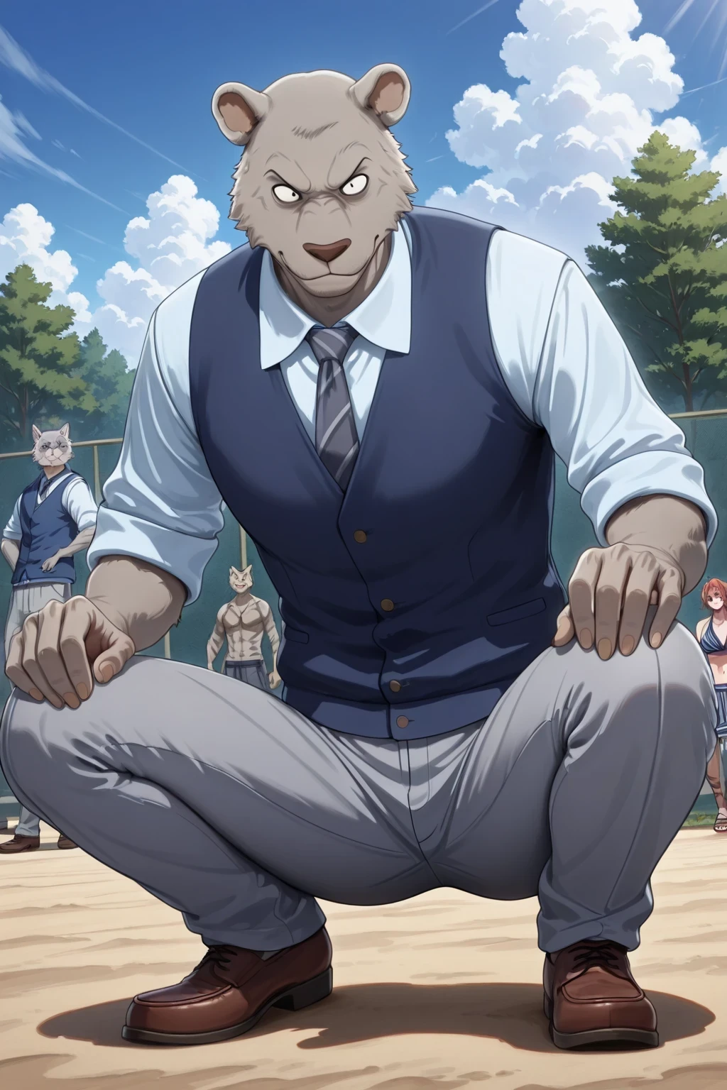 absurd result, best quality, alta calidad, detailed, , wide shoulders, Mature man, small black eyes, Iris gray, athletic build, musculvery hombre, round ears , very, polished, Grey body, gray school pants with stripes ,Blue vest, long sleeve white shirt, dark gray tie, gray school pants with dark gray stripes, while crouching, crouching, In the school yard, Sky Blue , white clouds, sunny day, looking at the spectator, full body , aggressive, furry