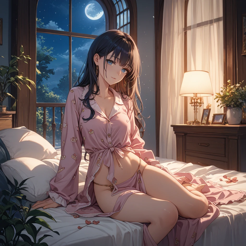 1girl, see her ass,(bright lighting,romantic setting),dreamy background,,dark hair, mesmerizing gaze, , soft skin, alluring beauty, artistic portrait, high-quality image, vibrant colors,translucent long silk gown, mosquito net, lying down, romantic bedroom, cartoon