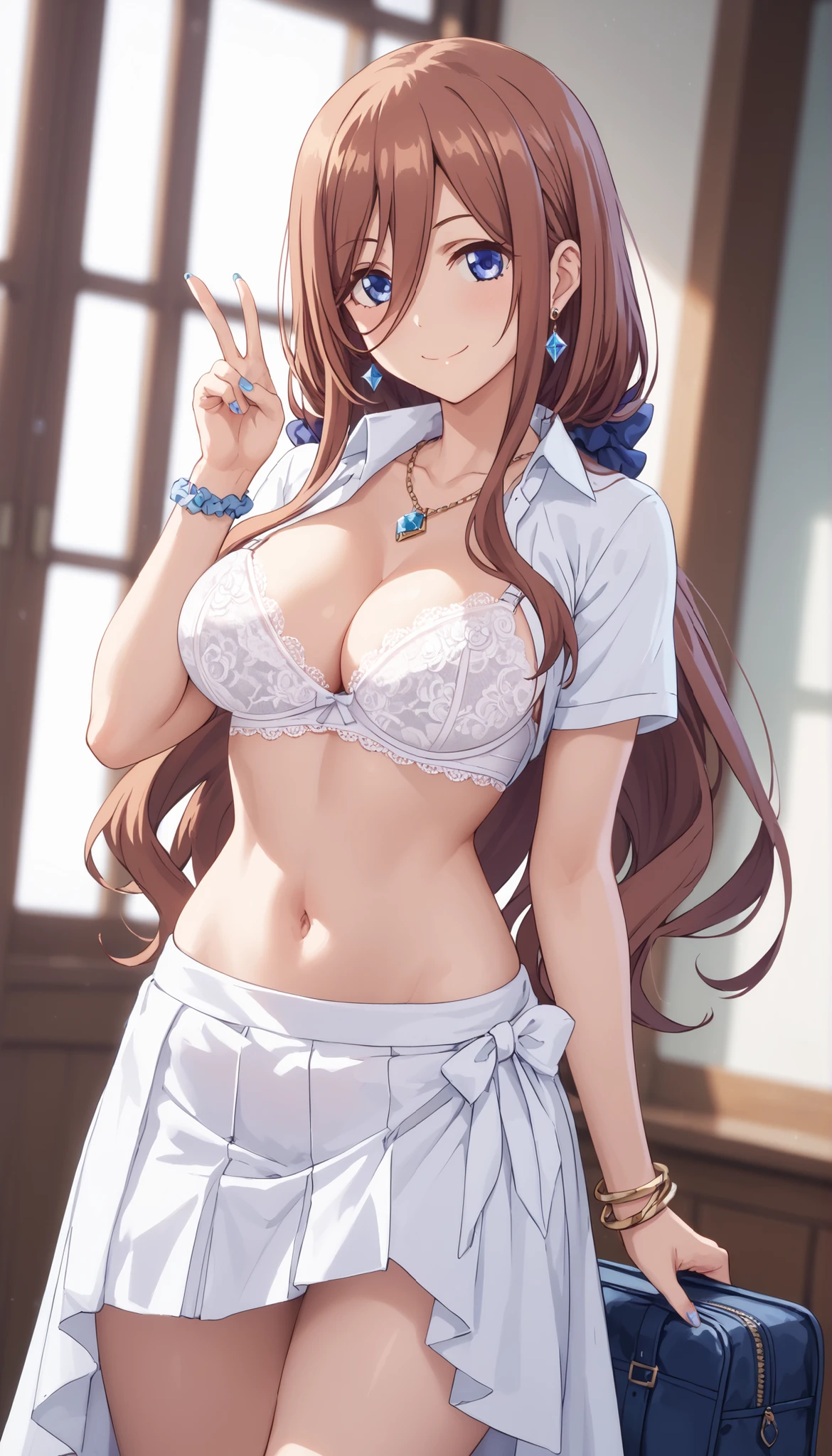 nozomitoujou, nozomi toujou, green eyes, brown hair, curly hair, large breasts, masterpiece, best quality, high resolution, beautiful detailed eyes, extremely detailed face, good lighting, detailed CG, messy hair, glossy lips, worried, nervous, changing room, frilly bikini with microskirt, visible panties