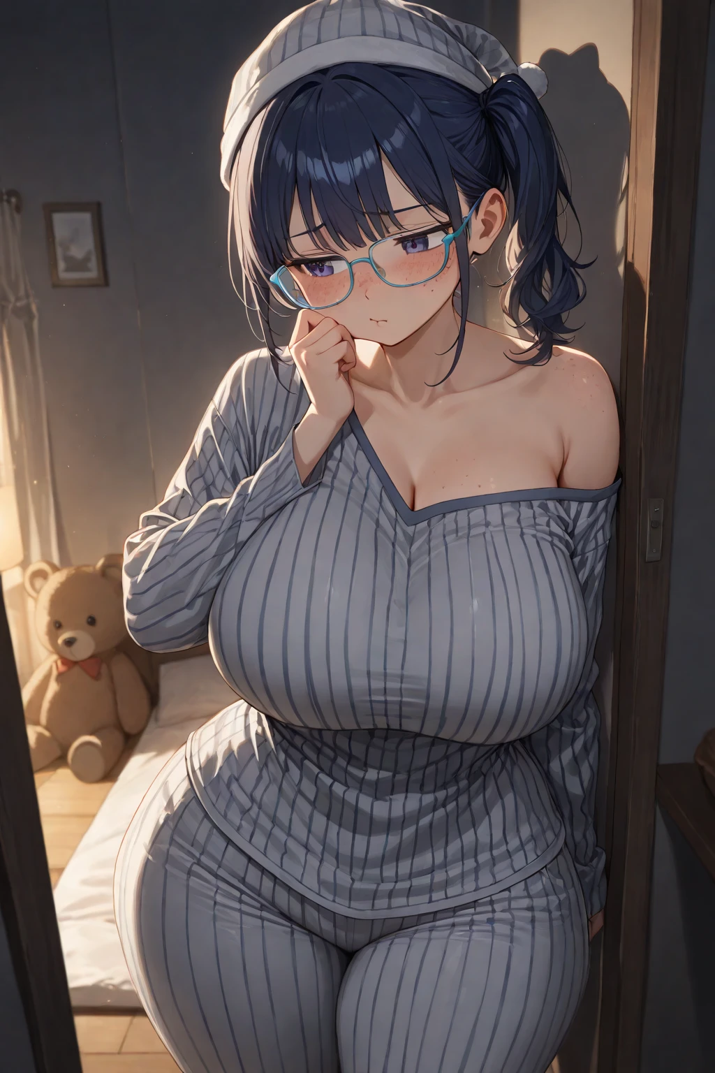Beautiful female, blue eyes, blue curly hair, chubby, ecstasy expression, big boobs, short hair, navy pajamas, lace, sitting on bed, ecstacy, pleading eyes, chubby, thick framed glasses