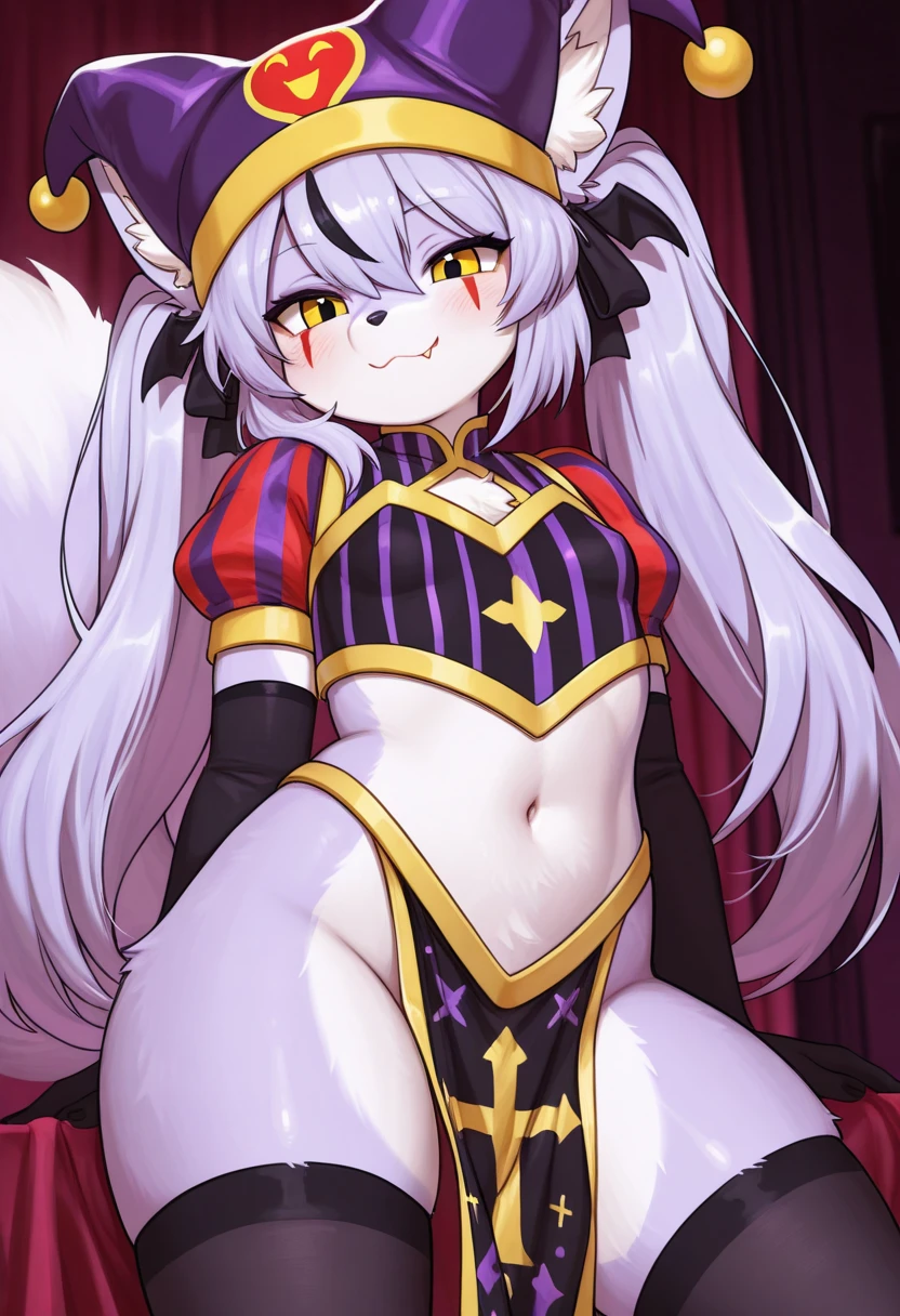 (fluffy anthro furry :1.6),rabbit girl,red eyes,glowing eyes,white long hair,wavy hair,white body fur,black thong with gold chain,open breasts,body with glister glitter,belly dancer accessories,jewelry hair ornaments,red curtains,light and shadow,night,very hot,looking at viewer,confident face,smile,low angle,dance