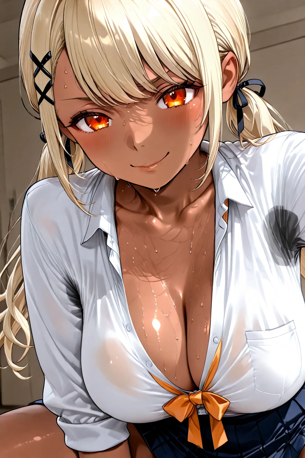 NSFW, (masutepiece, Best Quality, photographrealistic:1.4), (Shiny skin), (nffsw, 8K Wallpaper, High resolution), Perfect Anatomy, Cinematic lighting, Physically-based rendering, Award-winning, highlydetailed skin, extra detailed face, Eyes with beautiful details, 8K, detail, of the highest quality, hight resolution, perfect eyes, white hair, Big Breast,Sexy, Beautiful face, Realistic, Brown-skinned, A MILF, nasty face, lingerie