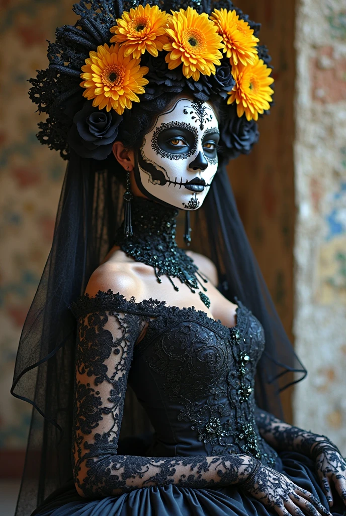 (medium full shot) of (iconic Catrina) young woman, wearing a midnight black lace top with matching skirt, elaborate sugar skull face paint, traditional rebozo, set at Dia de Muertos, in a mystical cemetery, with foggy pathways, glowing candles, intricate grave decorations, mystical atmosphere, and ethereal marigold arrangements, at night, woman smiling, ,Masterpiece,best quality, photo, realistic, very aesthetic, detailed face,